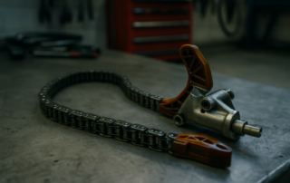 timing chain and tensioner from a BMW N57 diesel engine laid on a workbench