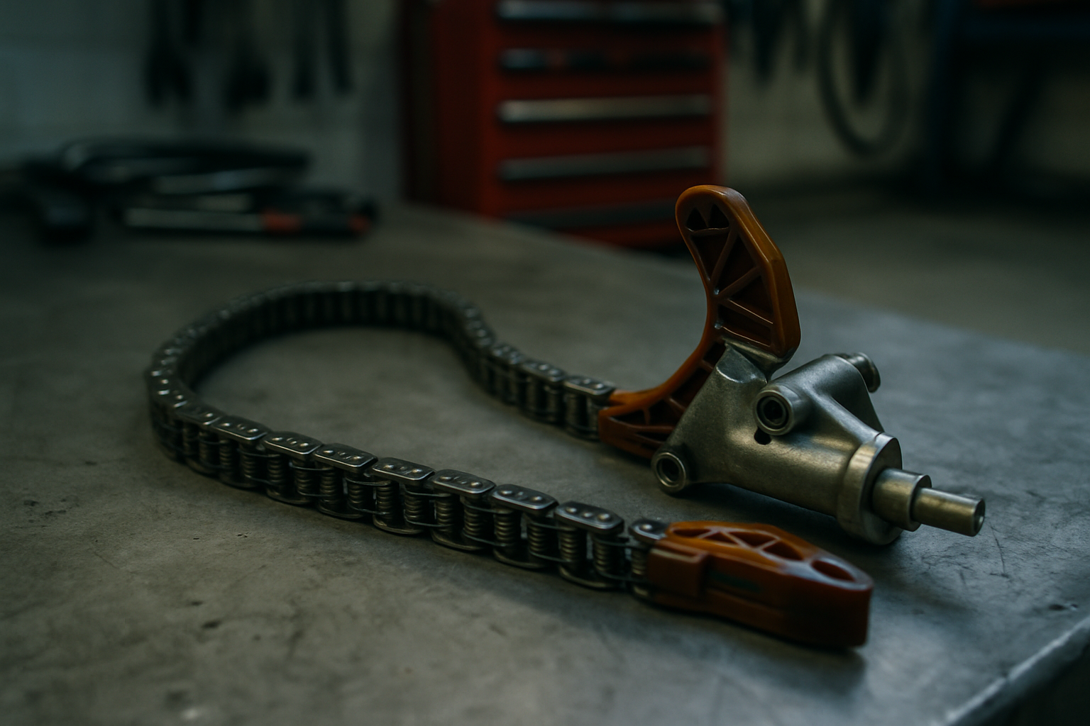 timing chain and tensioner from a BMW N57 diesel engine laid on a workbench