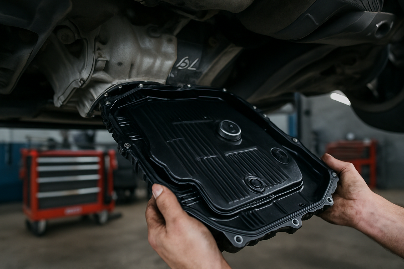 ZF 8HP automatic gearbox oil pan removal with metal strainer filter on a BMW X5