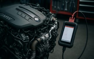 BMW N57 diesel engine with OBD diagnostic tool connected showing fault codes on screen