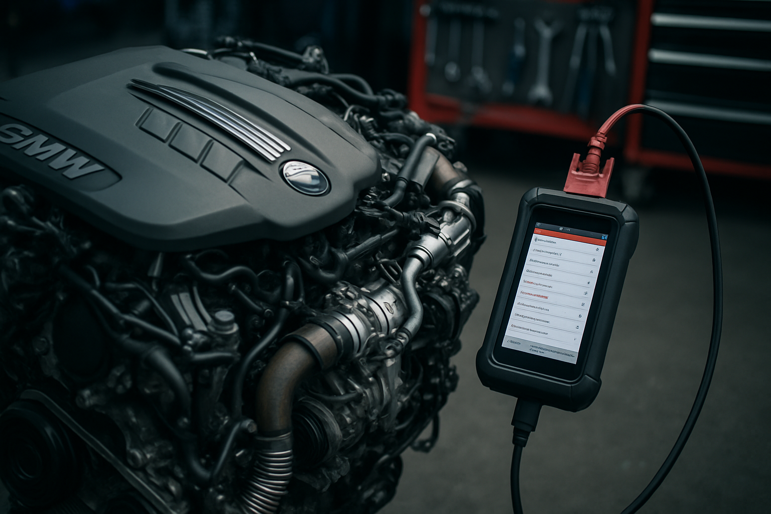 BMW N57 diesel engine with OBD diagnostic tool connected showing fault codes on screen