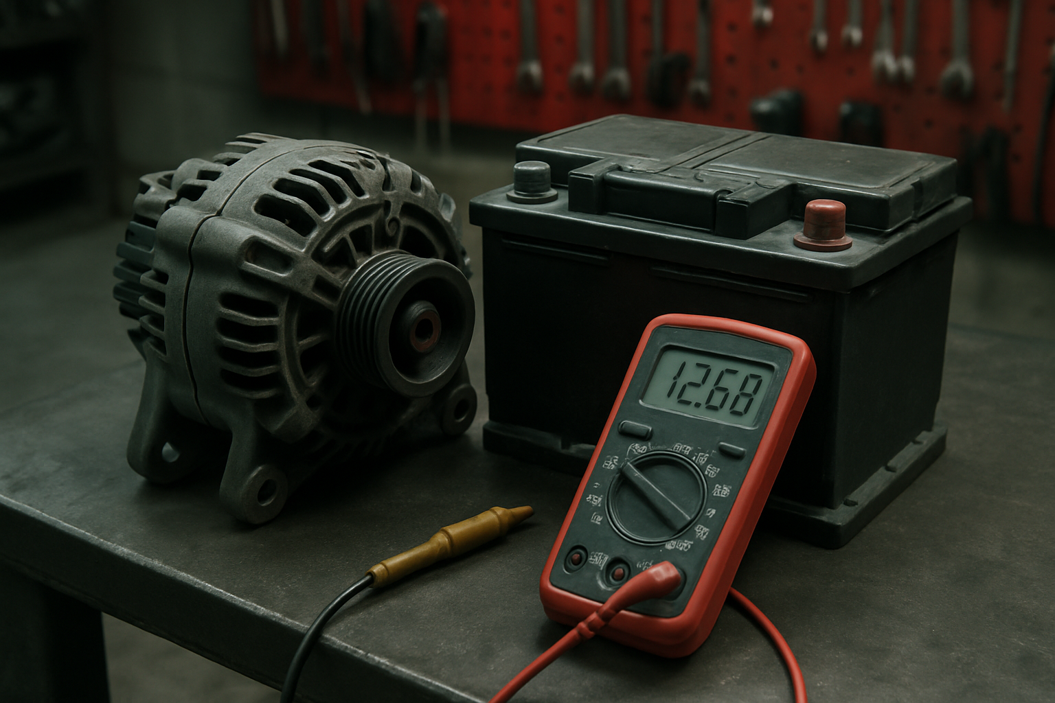 car alternator and battery from a BMW X5 E53 placed on a workbench with voltage multimeter showing readings