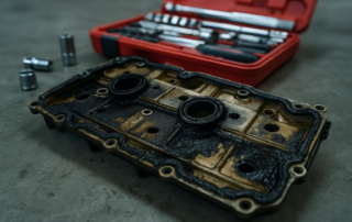 BMW N63 V8 engine valve cover gasket with oil leak residue visible