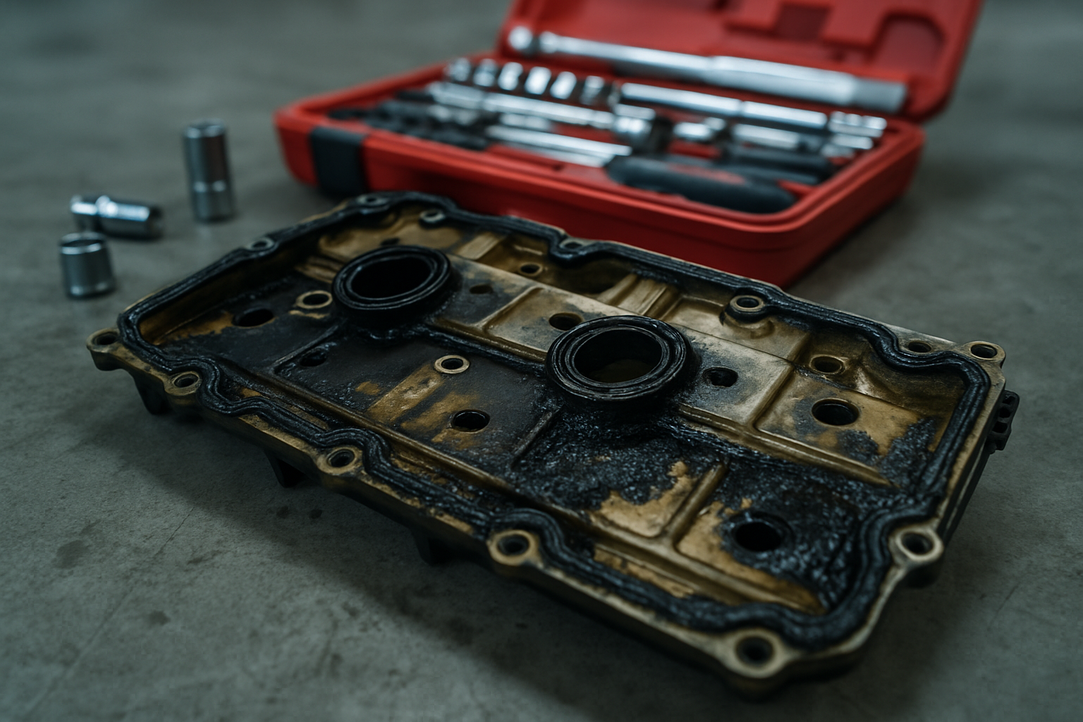 BMW N63 V8 engine valve cover gasket with oil leak residue visible