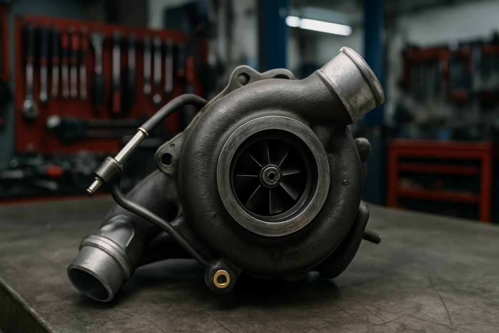 BMW N57 turbocharger removed and placed on a workbench