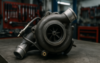BMW N57 turbocharger removed and placed on a workbench