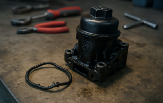 oil-stained Mercedes OM642 3.0L CDI oil filter housing with deteriorated rubber seal removed and placed on a workbench