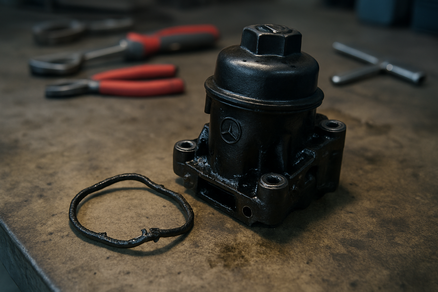 oil-stained Mercedes OM642 3.0L CDI oil filter housing with deteriorated rubber seal removed and placed on a workbench