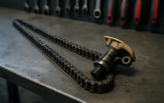 stretched timing chain and worn tensioner from a Mercedes M270 1.6L Turbo engine laid on a workbench