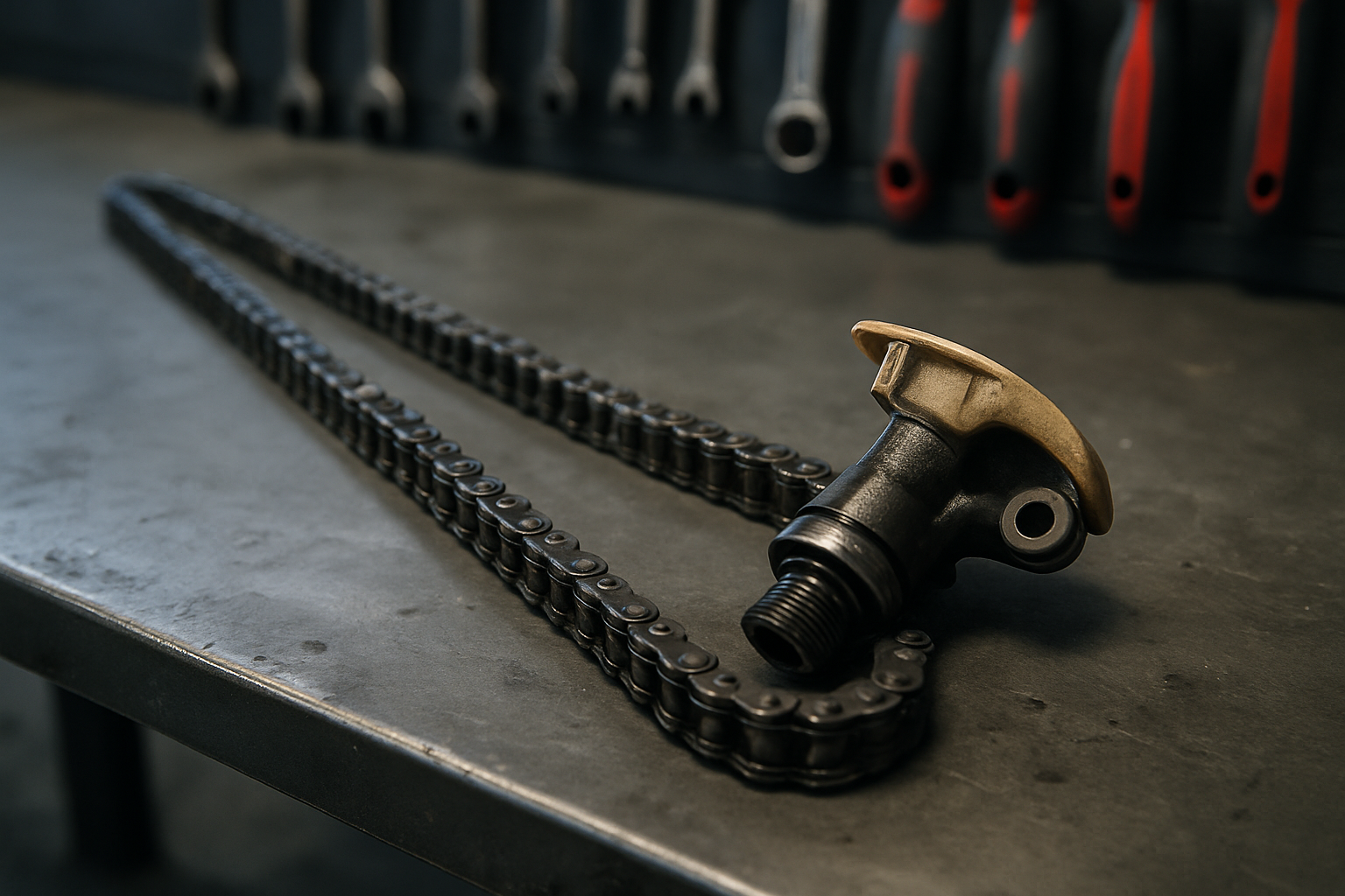 stretched timing chain and worn tensioner from a Mercedes M270 1.6L Turbo engine laid on a workbench