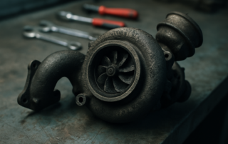 heavily carbon-fouled turbocharger from a Mercedes Sprinter OM646 engine