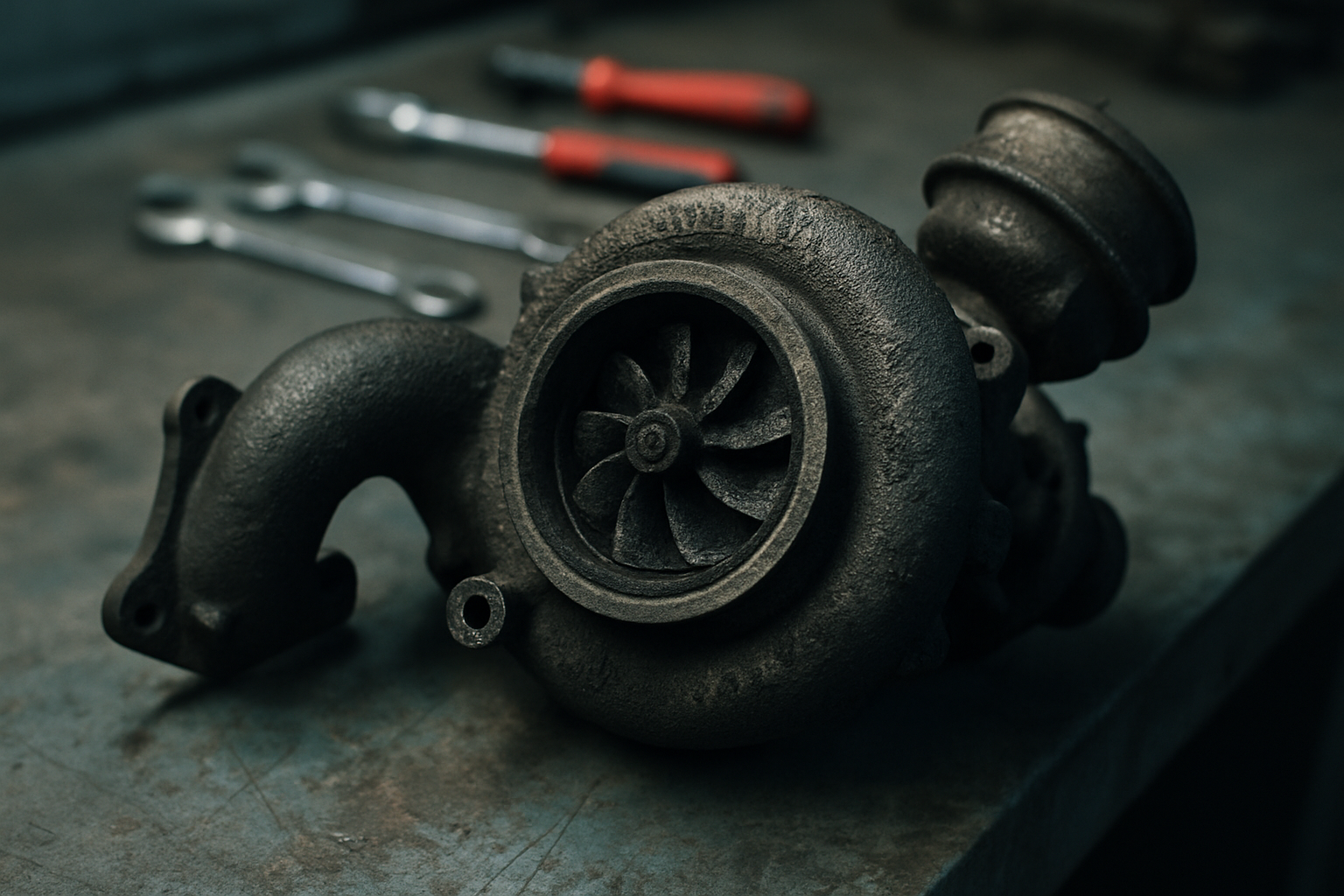 heavily carbon-fouled turbocharger from a Mercedes Sprinter OM646 engine