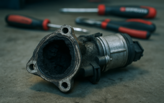 clogged EGR valve from a Mercedes OM651 2.1L CDI engine covered in carbon deposits
