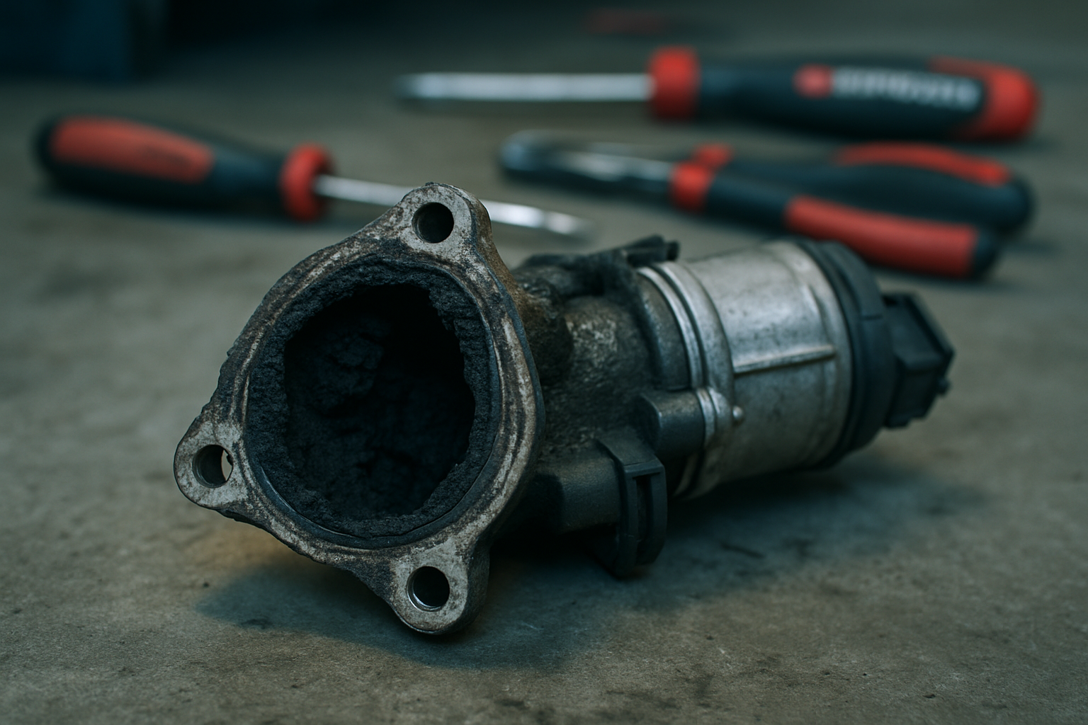 clogged EGR valve from a Mercedes OM651 2.1L CDI engine covered in carbon deposits