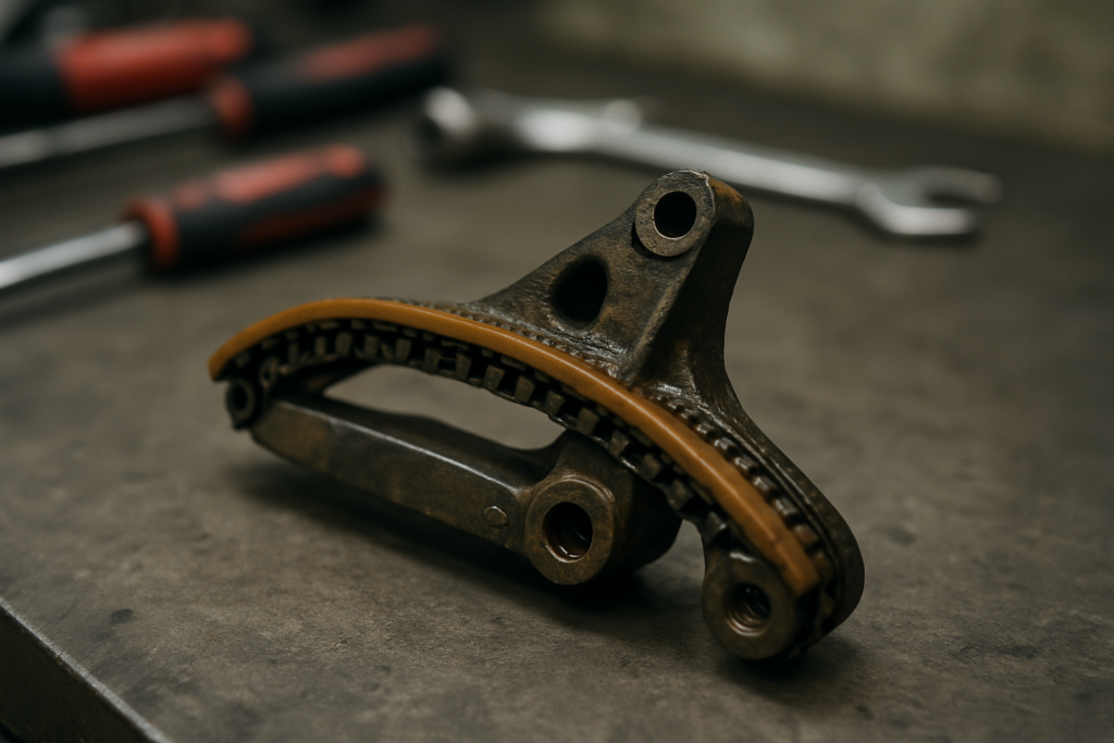 worn timing chain tensioner from a Renault F4R engine removed and placed on a workbench