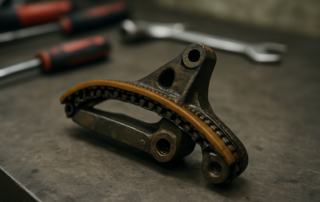 worn timing chain tensioner from a Renault F4R engine removed and placed on a workbench