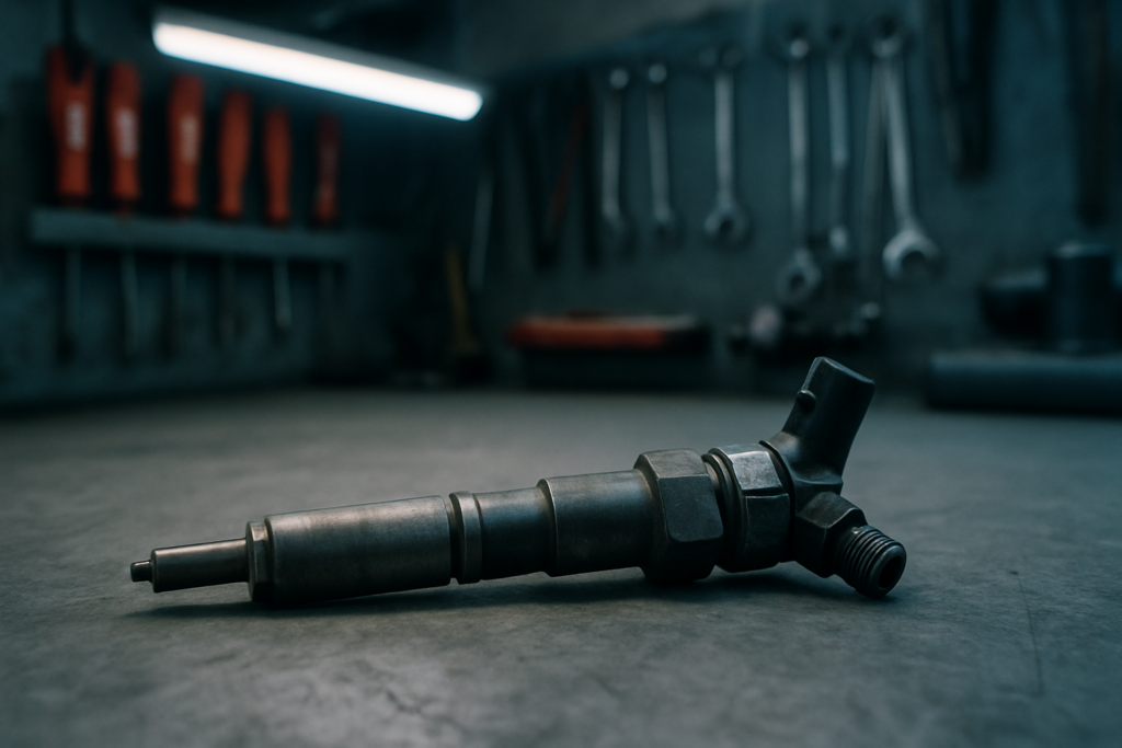 a diesel fuel injector from a Renault K9K 1.5 dCi engine removed and placed on a workbench