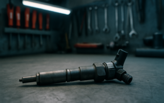 a diesel fuel injector from a Renault K9K 1.5 dCi engine removed and placed on a workbench