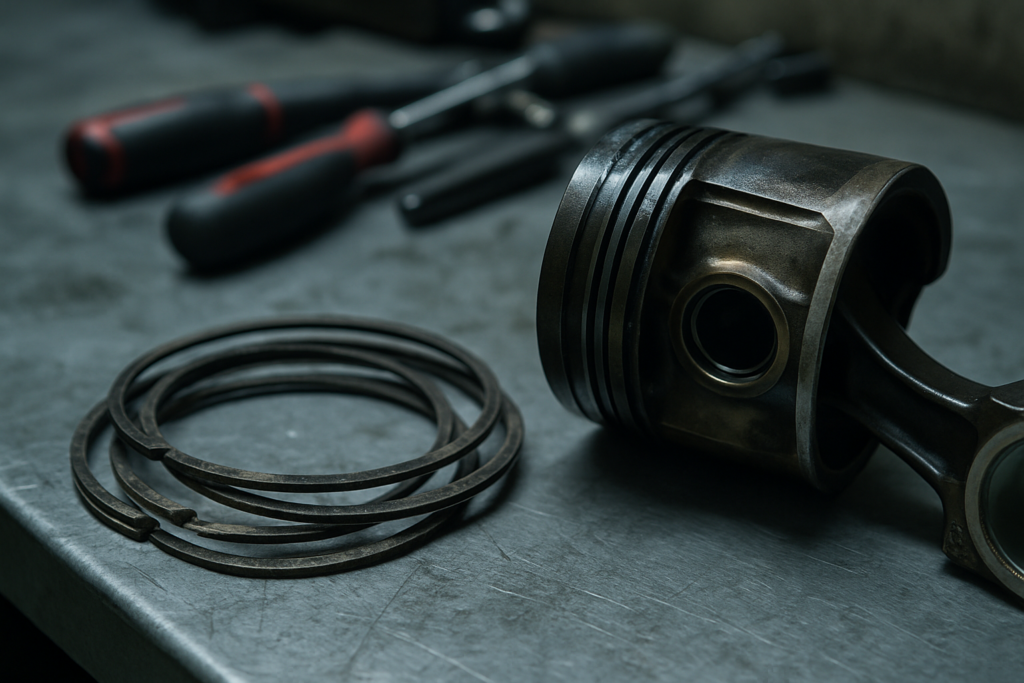 worn piston rings and piston from a 1.2 TCe engine laid on a workbench