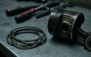 worn piston rings and piston from a 1.2 TCe engine laid on a workbench