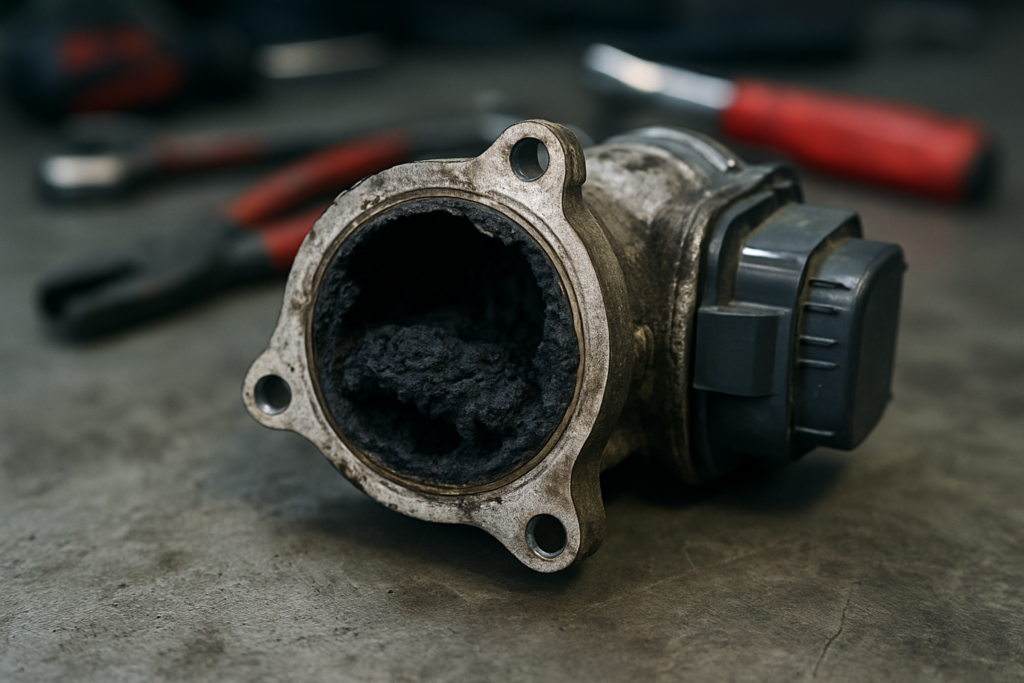 clogged EGR valve from a Renault Megane 2.0 dCi M9R engine covered in carbon deposits