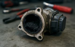 clogged EGR valve from a Renault Megane 2.0 dCi M9R engine covered in carbon deposits