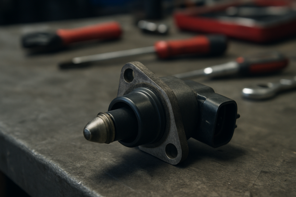 idle air control valve (stepper motor) from a Renault K4M engine removed and placed on a workbench