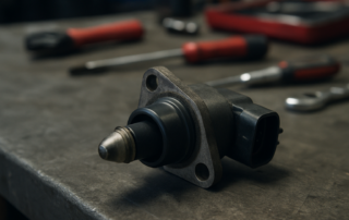 idle air control valve (stepper motor) from a Renault K4M engine removed and placed on a workbench