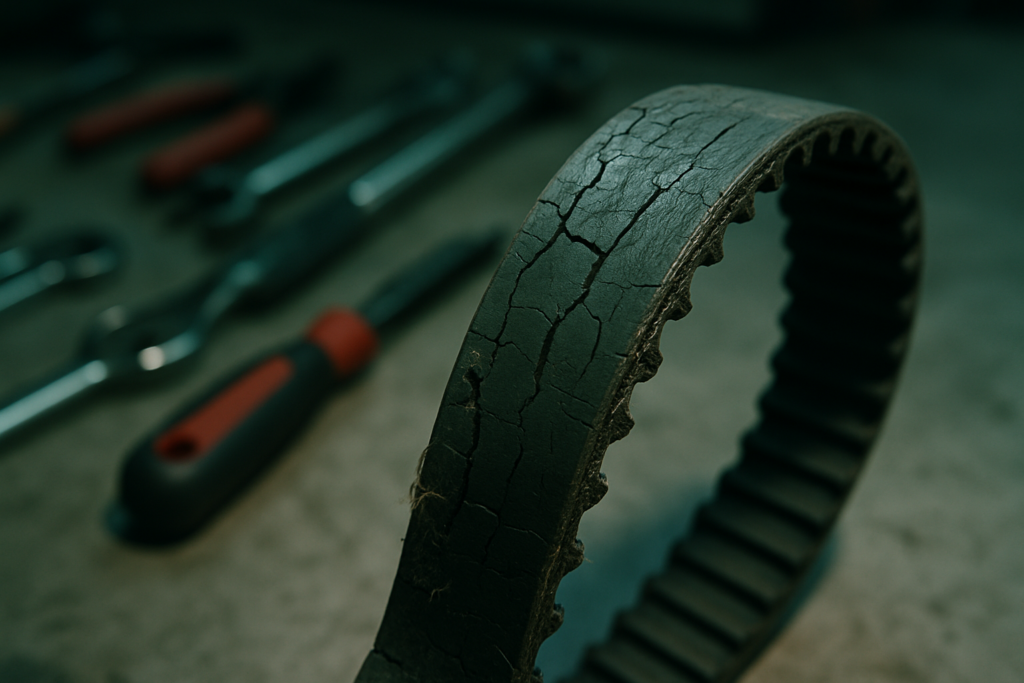 worn rubber timing belt with visible cracks and fraying from a Renault K4M engine