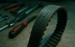 worn rubber timing belt with visible cracks and fraying from a Renault K4M engine