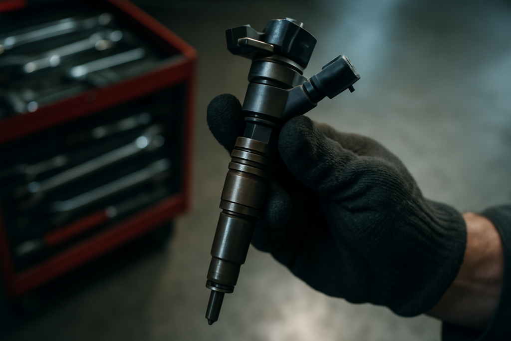 piezoelectric diesel injector from a Renault P9X V6 engine held by a mechanic's gloved hand