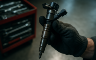 piezoelectric diesel injector from a Renault P9X V6 engine held by a mechanic's gloved hand