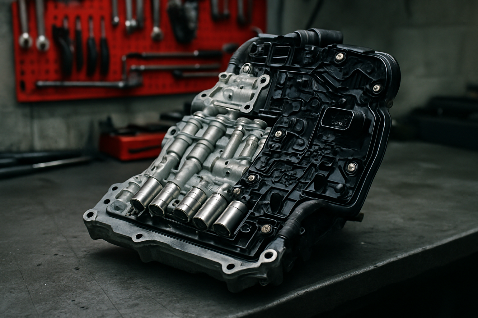 Volkswagen DSG6 DQ250 mechatronic unit removed and placed on a workbench