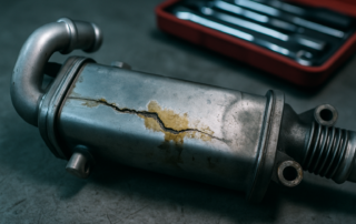 cracked EGR cooler from a Volkswagen 2.0 TDI BMN engine with coolant residue visible on the metal surface