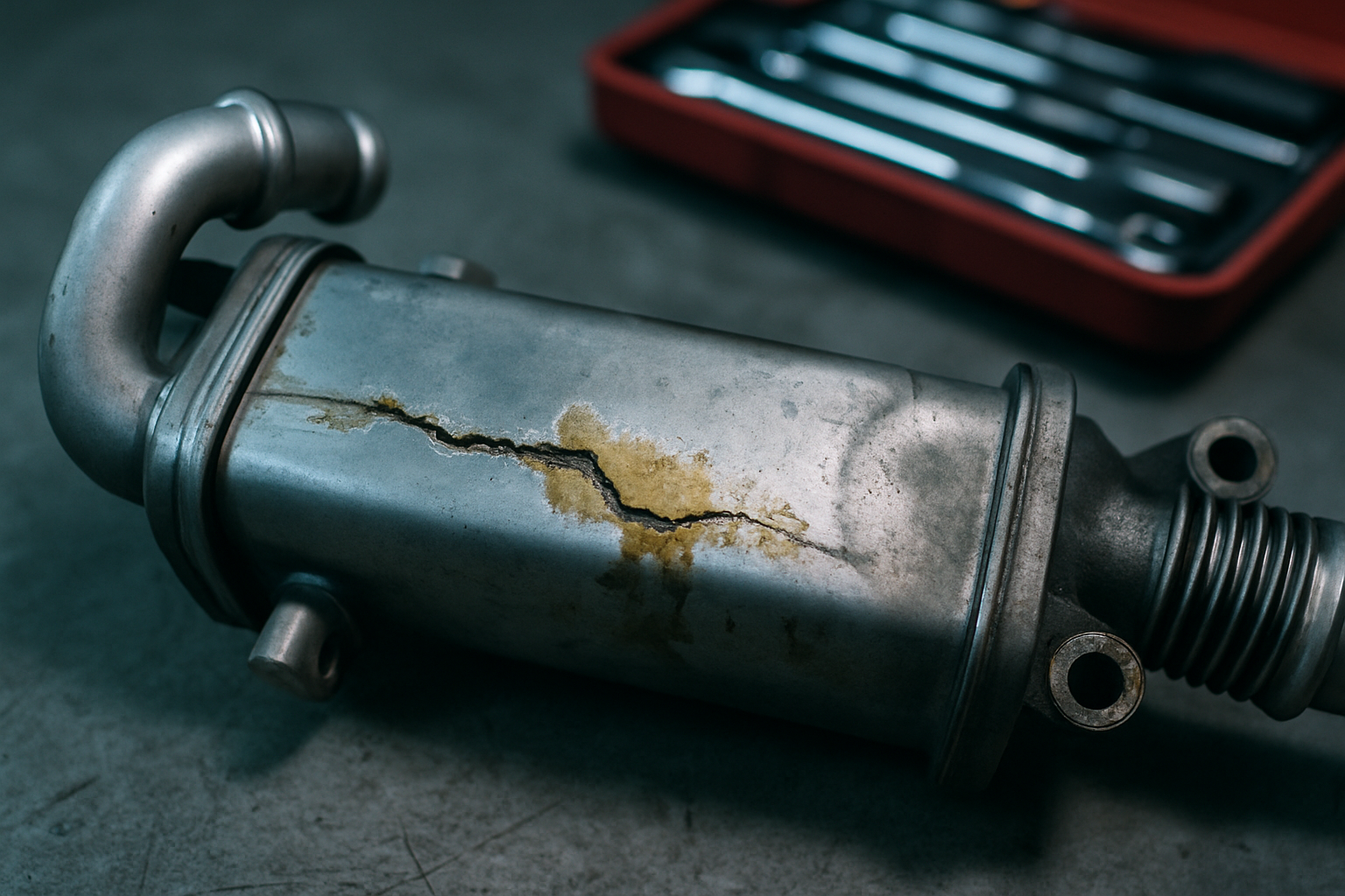 cracked EGR cooler from a Volkswagen 2.0 TDI BMN engine with coolant residue visible on the metal surface