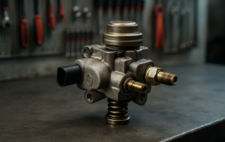 high-pressure fuel pump from a Volkswagen 2.0 TSI CCTA engine removed and placed on a workbench