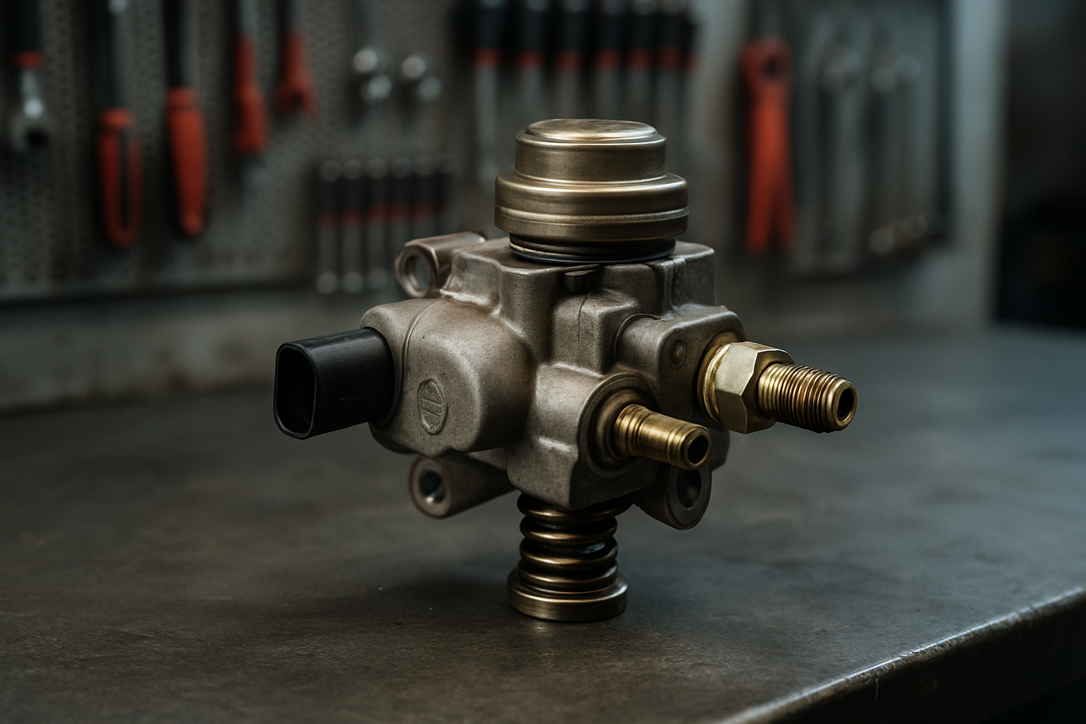 high-pressure fuel pump from a Volkswagen 2.0 TSI CCTA engine removed and placed on a workbench