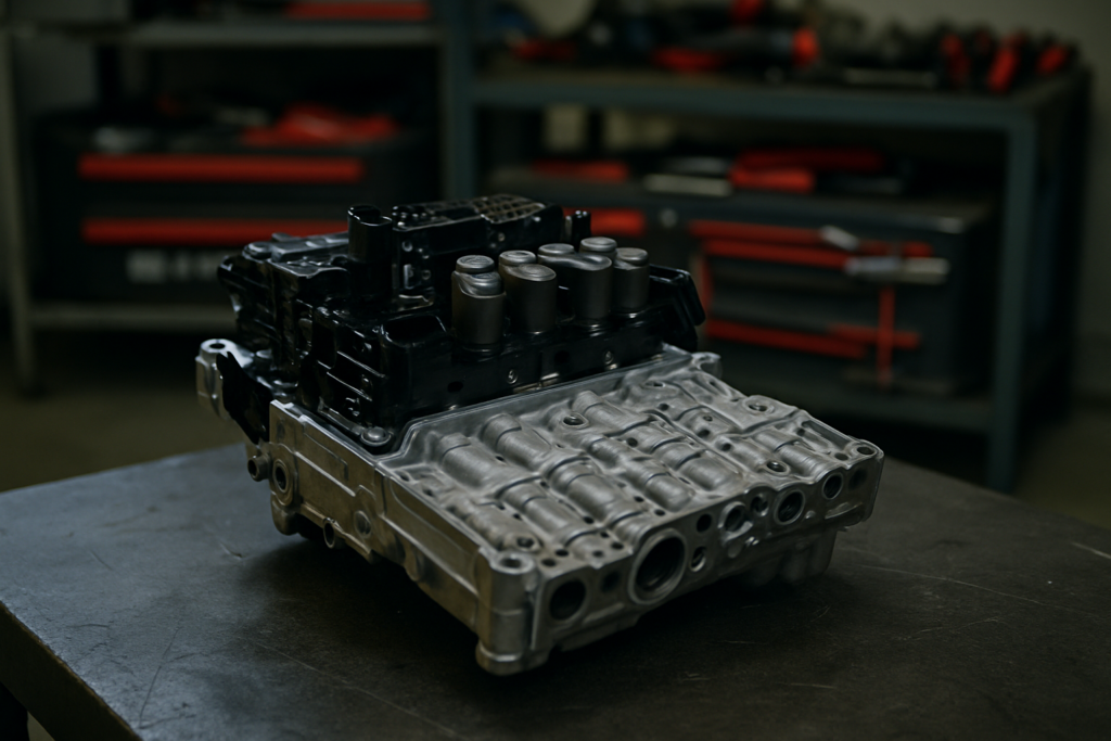 Volkswagen DQ200 DSG7 dual-clutch gearbox mechatronic unit removed and placed on a workbench
