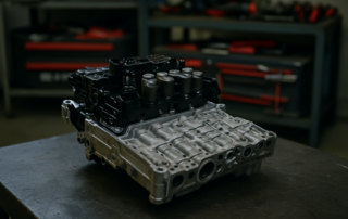 Volkswagen DQ200 DSG7 dual-clutch gearbox mechatronic unit removed and placed on a workbench