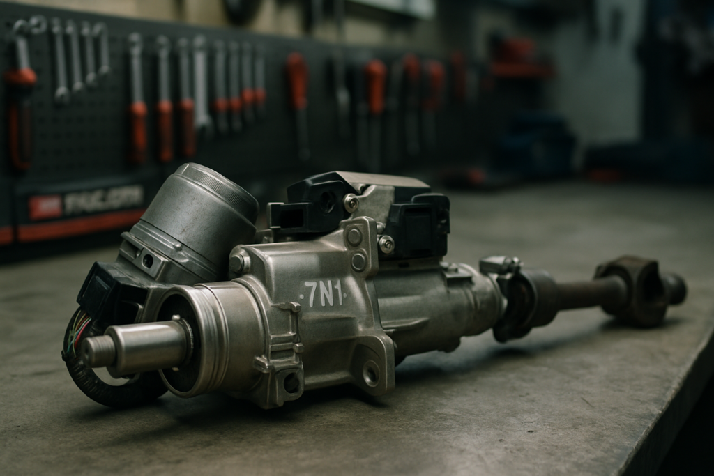 ZF electric steering column from a Volkswagen Sharan 7N removed on a workbench