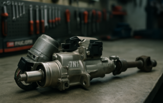 ZF electric steering column from a Volkswagen Sharan 7N removed on a workbench