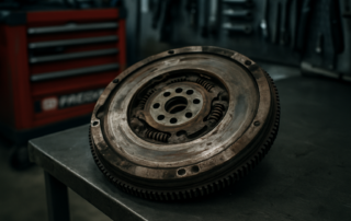 worn dual-mass flywheel from a Volkswagen 2.5 TDI BNZ engine removed and placed on a workbench