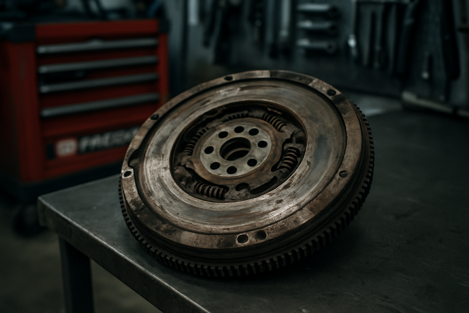 worn dual-mass flywheel from a Volkswagen 2.5 TDI BNZ engine removed and placed on a workbench
