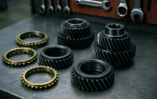 disassembled ML420 manual gearbox synchronizer rings and gear clusters on a steel workbench