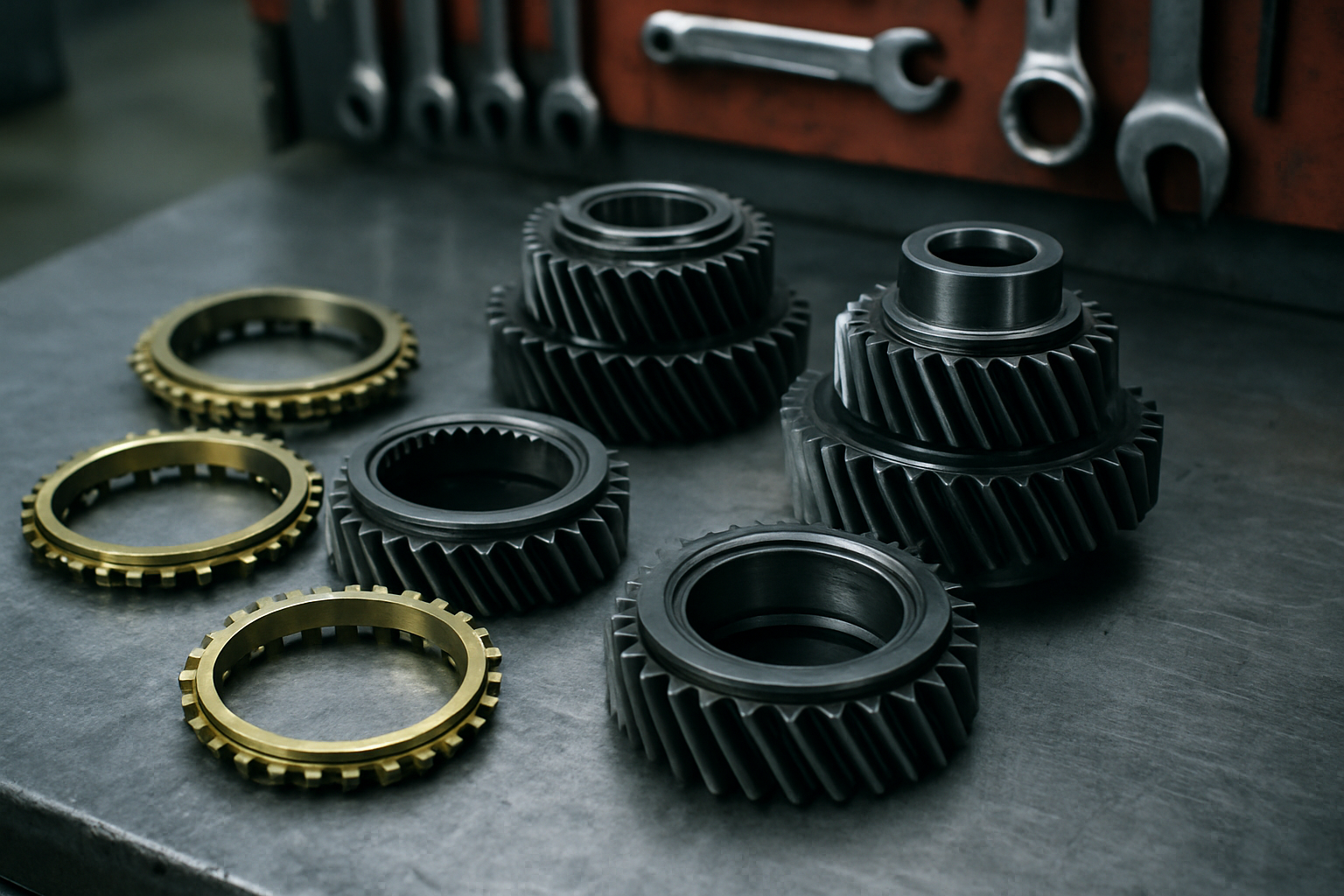 disassembled ML420 manual gearbox synchronizer rings and gear clusters on a steel workbench