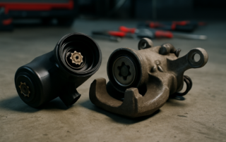 TRW electric parking brake motor removed from a Volkswagen Passat B7 rear caliper
