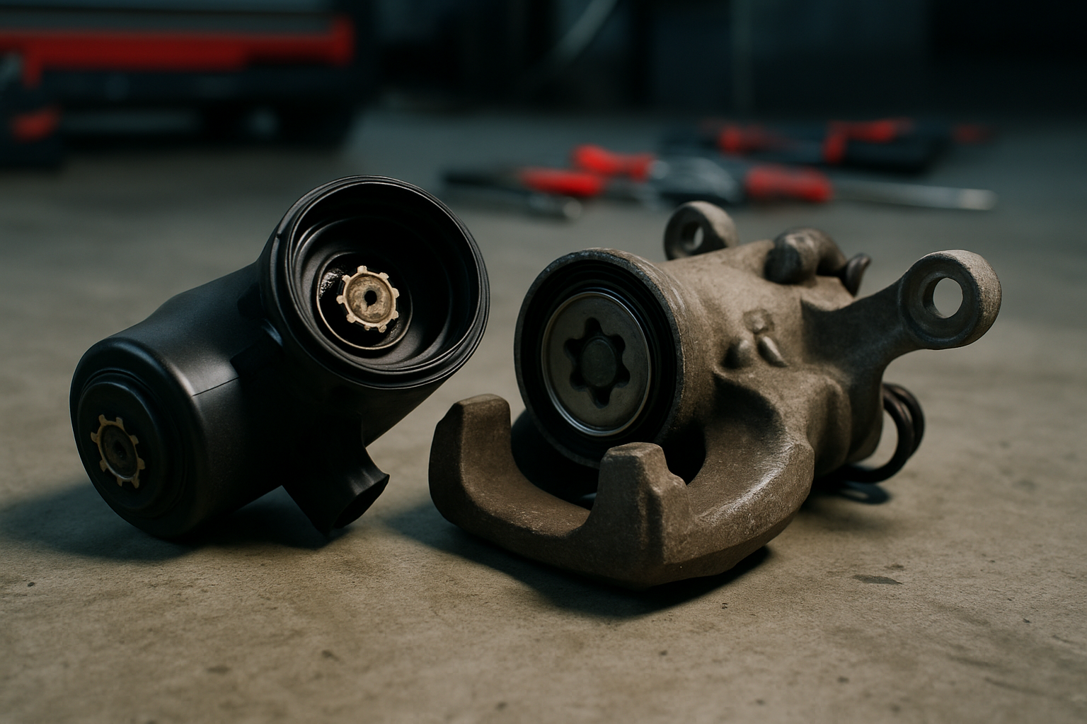 TRW electric parking brake motor removed from a Volkswagen Passat B7 rear caliper