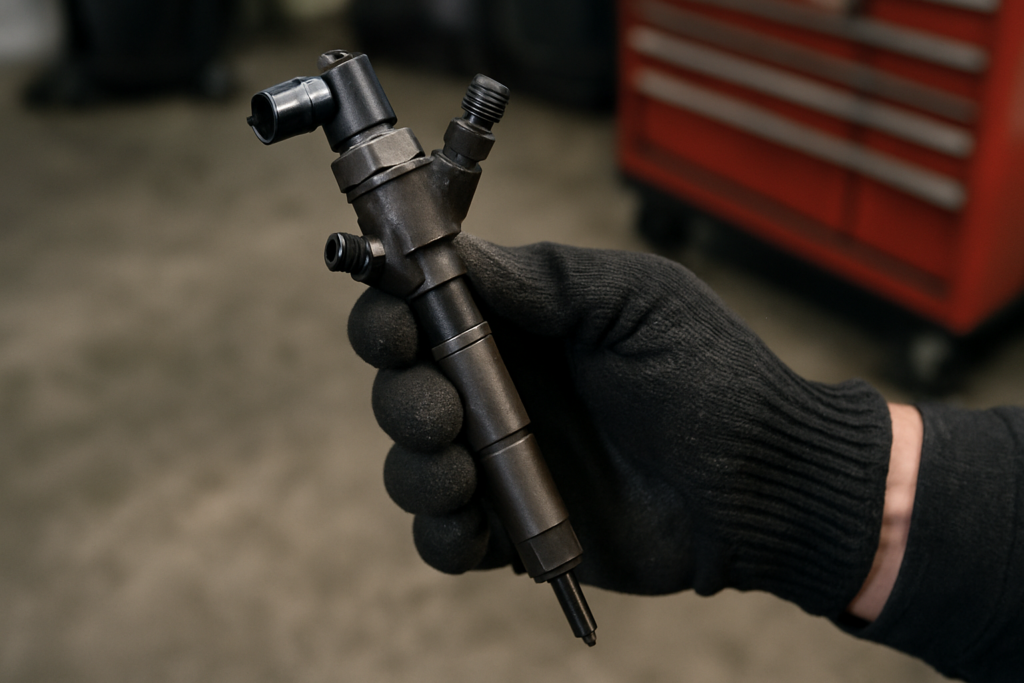 common rail diesel injector from a 1.6 TDI engine removed and held by a mechanic's gloved hand
