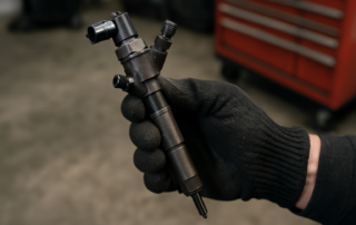 common rail diesel injector from a 1.6 TDI engine removed and held by a mechanic's gloved hand