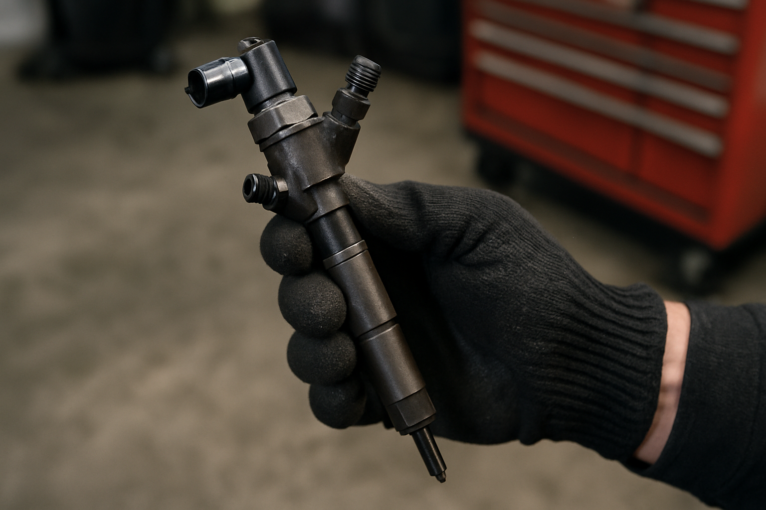 common rail diesel injector from a 1.6 TDI engine removed and held by a mechanic's gloved hand